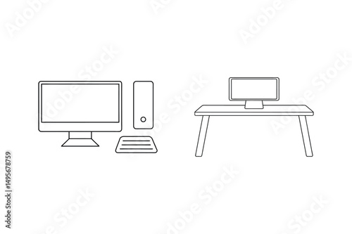Minimalist outline illustration of computer setup displaying desktop pc and work table