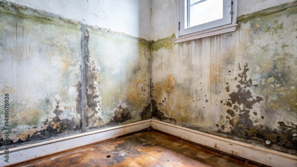 Severe Water Damage in a Corner Room Showing Extensive Mold Growth and Discoloration