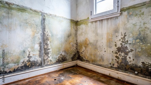 Obraz na płótnie Severe Water Damage in a Corner Room Showing Extensive Mold Growth and Discoloration w salonie
