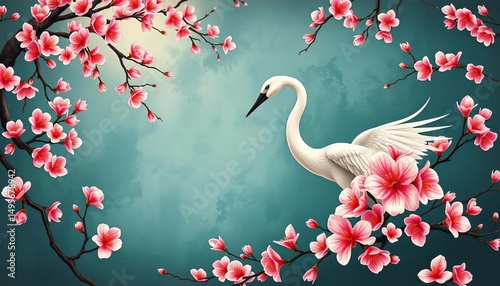 Elegant crane blossom painting, Asian-inspired design, elegant, decor