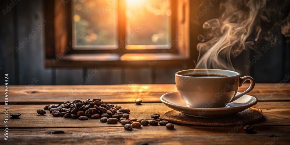 Warm Morning Coffee Steam Rising from Cup on Wooden Table Near Window