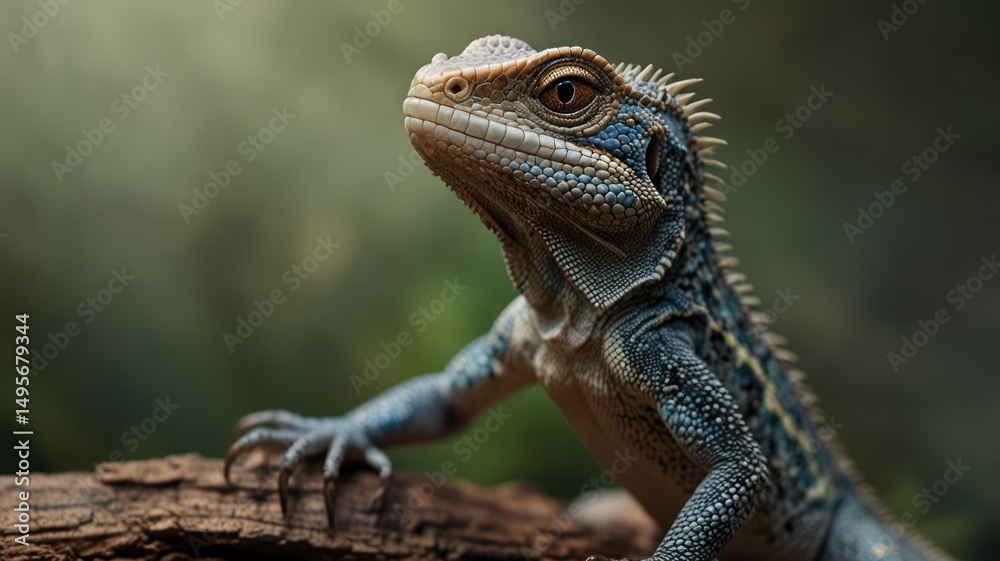 Fototapeta premium Close-up of a young lizard, perched on a log, with vibrant colors and a curious gaze