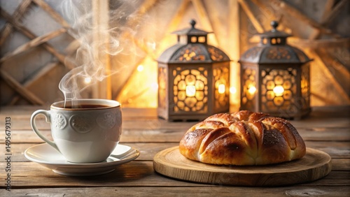 Warm beverage steaming in a delicate cup, accompanied by a freshly baked sweet bread roll, all set against a softly illuminated backdrop of decorative lanterns.