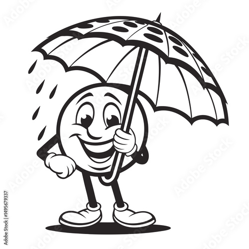 Happy Mascot Under Rainy Umbrella