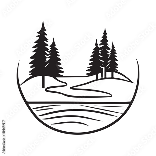 A black and white illustration of a tranquil lake scene with evergreen trees.
