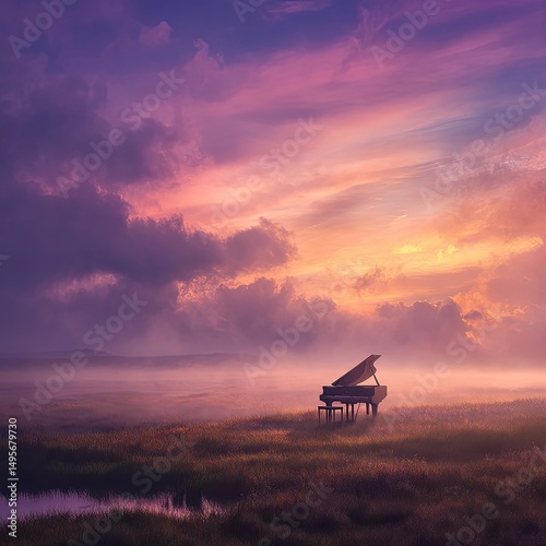 A piano sits alone in a misty field at sunrise.  A serene, atmospheric landscape, with warm colors and dramatic clouds.  A sense of peace and quietude fills the image
