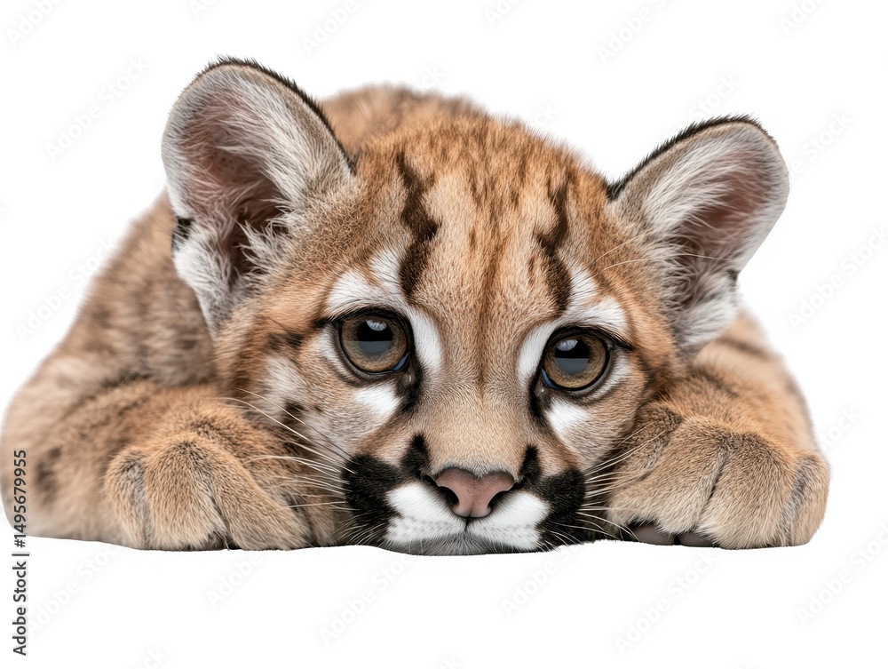 Obraz premium Baby cougar lying down on a white isolate background
