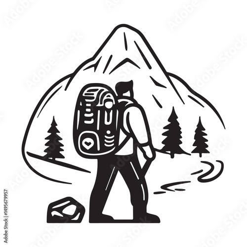 A hiker with a backpack walking towards a mountain, illustrated in a black and white style.
