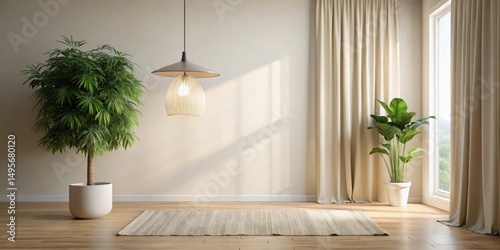 Serene minimalist living room interior design featuring neutral tones, sunlight, potted plants, and a stylish pendant light