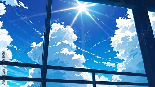 Bright Sunlight Shines Through Window Panes Overlooking a Cloudy Sky