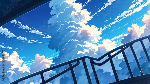 Azure sky view featuring cumulus clouds and artistic railing perspective