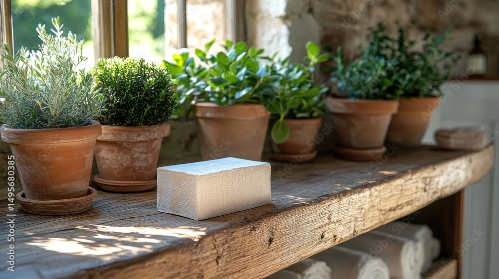 Fototapeta premium Rustic windowsill with potted herbs, soap, and towels.