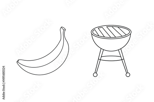 Outline illustration of a banana beside a charcoal grill for summer barbecue elements