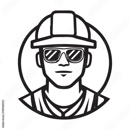 A construction worker wearing a hard hat and sunglasses, illustrated in a black and white line art style.