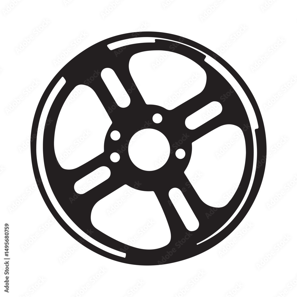 Fototapeta premium A black illustration of a circular wheel with a central hub and spokes.