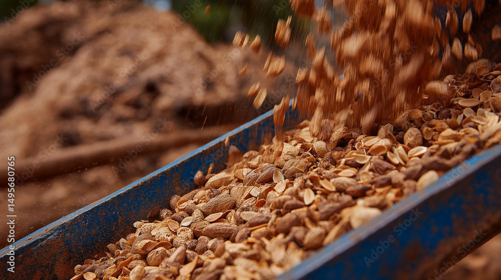 Obraz premium Detailed macro shot of raw groundnuts moving on a conveyor belt, shells showing natural brown hues and rough texture, background filled with piles of harvested peanuts.