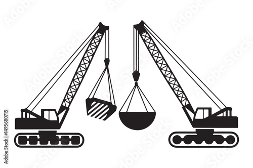 Cranes with Excavation Buckets Icons Set, Representing Heavy Machinery and Construction