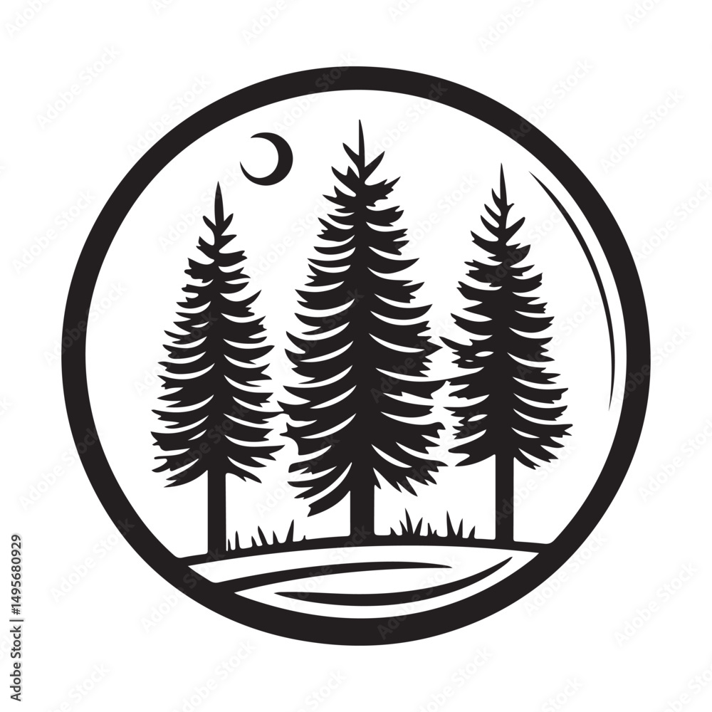 Obraz premium A black and white illustration of three pine trees under a crescent moon, set in a circular frame.