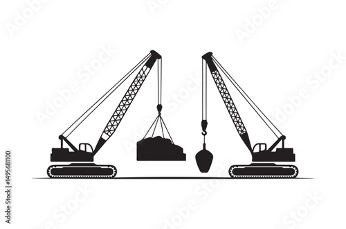Cranes with Excavation Buckets Icons Set, Representing Heavy Machinery and Construction