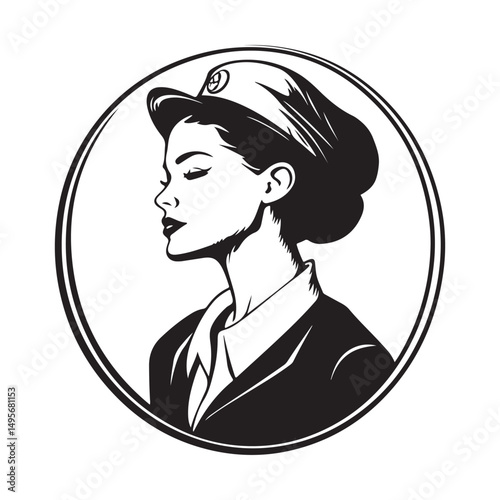A woman in a military cap, illustrated in a vintage black and white style.