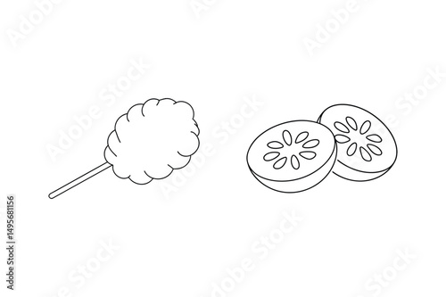 Simple black and white illustrations of cotton candy and sliced fruit on a white background