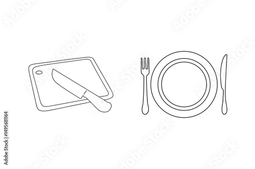 Simple monochrome line art illustrations of dining tableware and kitchen utensils