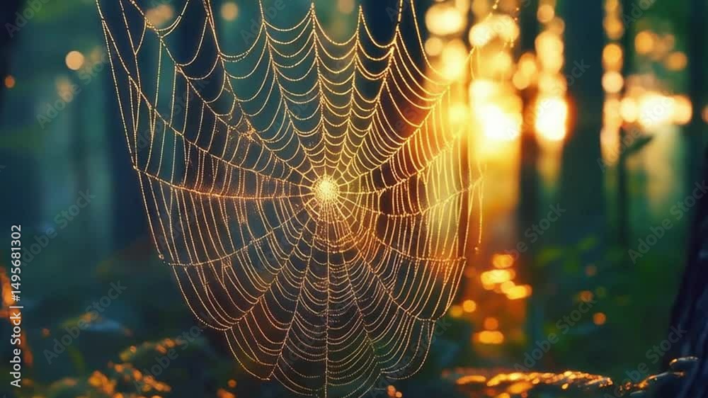 Big spider web with dew drops in forest