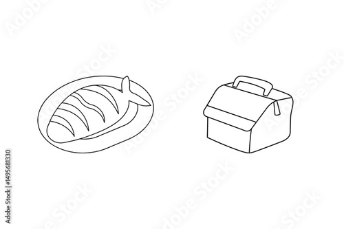 Black and white illustration of grilled fish served and a lunchbox on a white background