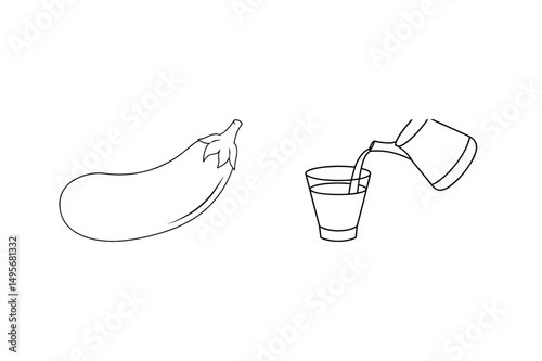 Black and white eggplant with a glass of liquid being poured from a pitcher