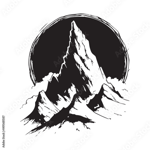 A majestic mountain peak illustrated in a black and white style, evoking a sense of grandeur.