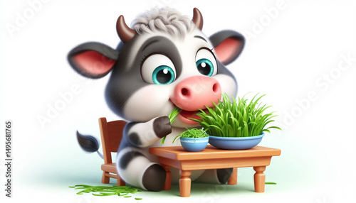 3D funny baby cow cartoon eating grass
