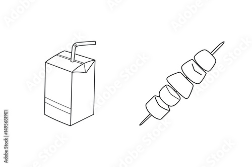 Simple black and white illustration of a juice box and marshmallow skewer