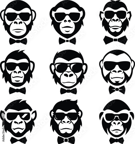 Nine monkey heads with different faces sport sunglasses and bow ties in black style