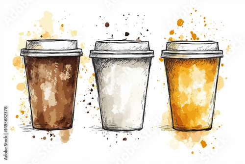 Stylish coffee cups in watercolor splash design - perfect for cafe branding, food blogs, or beverage marketing