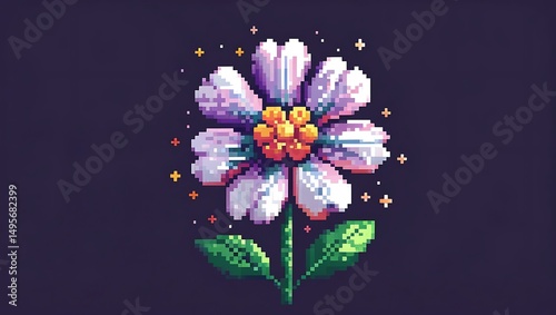 Digital floral bloom pixelated illustration against a dark violet backdrop
