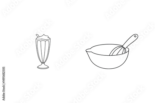 Simple outline illustration of a milkshake and a mixing bowl with a whisk on white