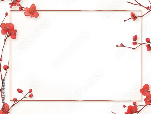 Elegant Asian Border Minimalist Frame with Red Plum Blossom Branches on a Clean White Background.