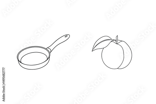 Simple black and white illustration of a frying pan and a ripe peach fruit