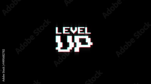 level up animation of looped text with glitch effect on green black background. 8 bit video game screen saver. up level