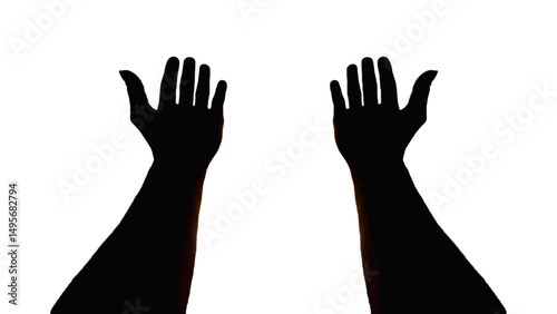 The silhouette of a pair of hands raised above the head as a sign of pleading or asking for help and the raised hands also give the appearance of appealing to God or asking for a blessing from God.