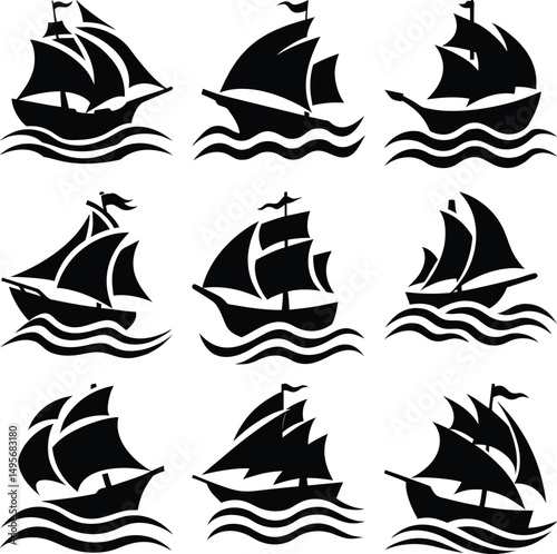 Nine ships sail onward in black silhouettes against the wavy seas, conveying maritime adventure