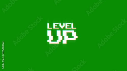 level up animation of looped text with glitch effect on green black background. 8 bit video game screen saver. up level