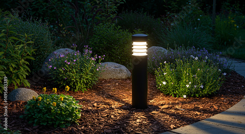 modern black outdoor garden bollard light glowing at night, surrounded by fresh green plants and small blooming flowers, soft ambient illumination casting gentle shadows on mulch ground, natural lands