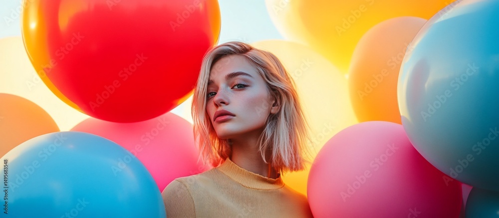 Obraz premium Blonde woman surrounded by colorful balloons.