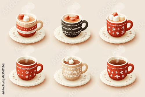 Cozy winter hot chocolate collection with festive knitted mug sweaters and marshmallows.