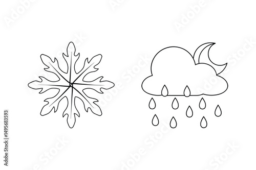 Simple black and white weather icons depicting snowfall and rainy night conditions