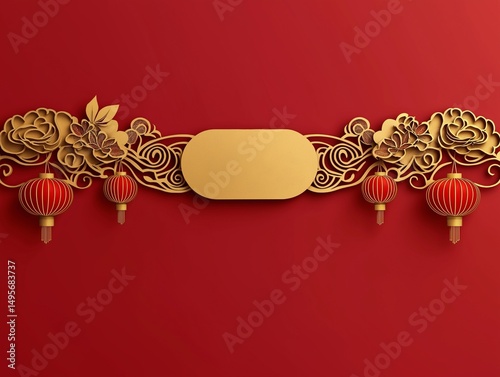 Elegant Lunar New Year Red Background with Golden Ornate Frame, Traditional Clouds, and Hanging Red Lanterns.