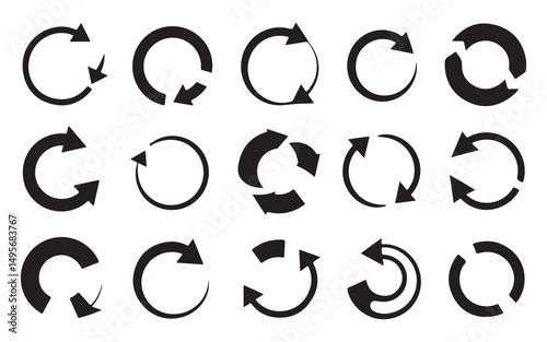 Set of Black Circular Arrows, Featuring Different Versions of Rotating Arrows in a Circular Motion. Ideal for Conceptual, Recycling, and Refreshing Themes in Graphic and Web Design.