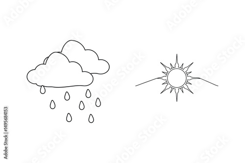 Weather elements illustration featuring rain clouds and sunny sun in minimalist line art
