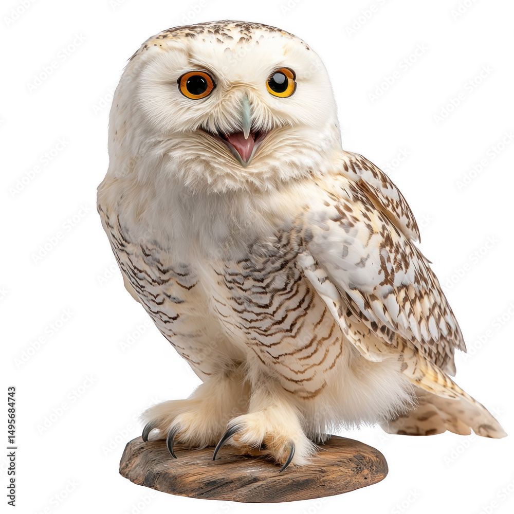 Obraz premium Snowy owl on a wooden base, white isolated background